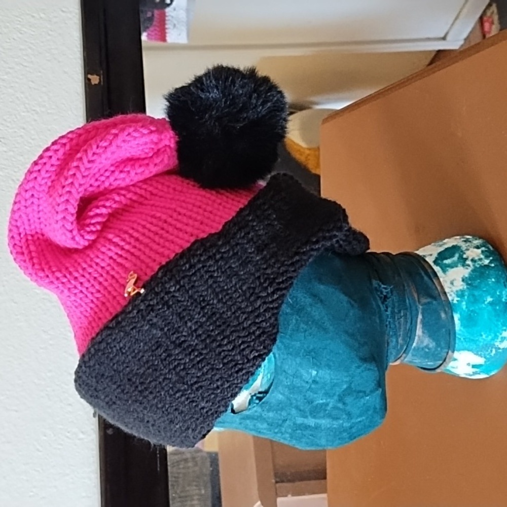 Bright Pink and black knit beanie hat adult sz with POM and Flamingo